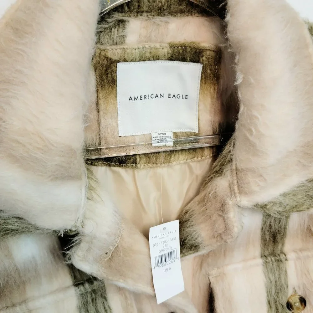 American Eagle Size Small Brushed Plaid Oversized Shacket Jacket Cream NWT $90 - Picture 6 of 16
